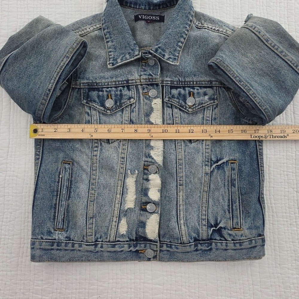 Vigoss Denim Biker Jacket Women's S Med Wash Distressed All Cotton J11880A EUC - Picture 8 of 14